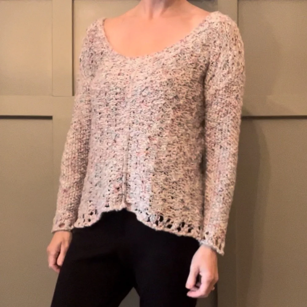 Free People Rainbow Speckle Open Knit Crochet Sweater Scoop Neck Cotton Size XS